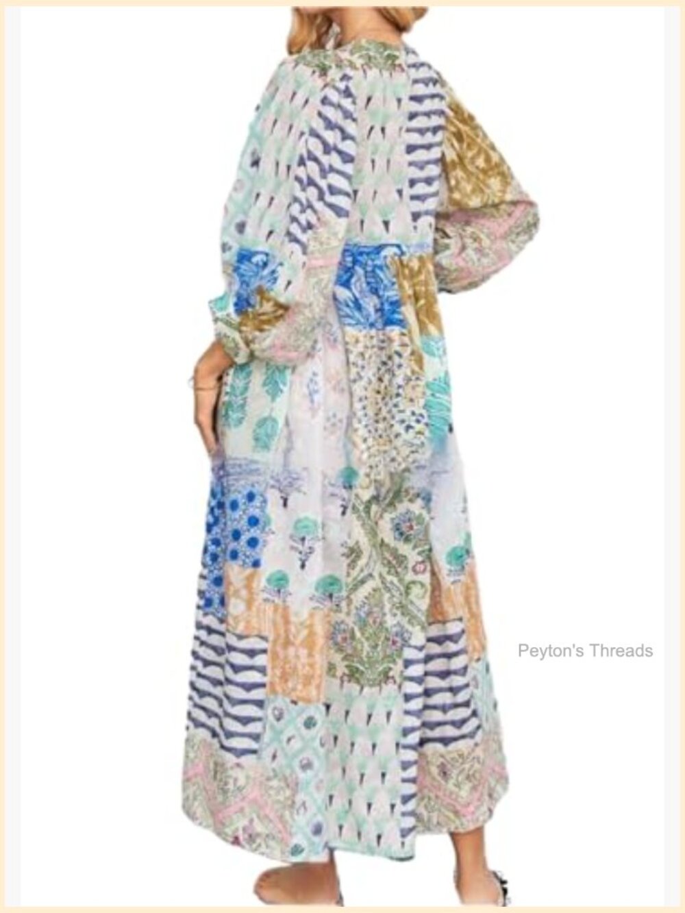 Boho Floral Printed Long Maxi Dress with Lantern Sleeves and Pockets - Picture 2 of 7